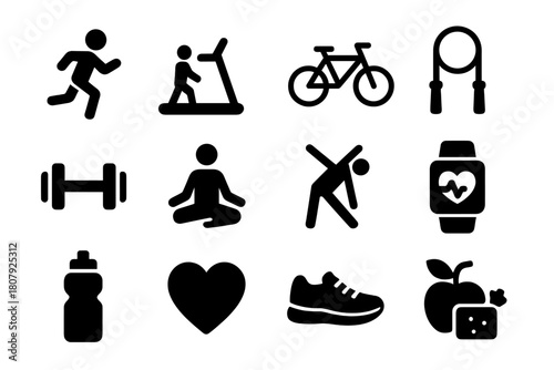 Physical Activity Icons. Physical Activity. Solid icon set of Physical Activity: running person, treadmill, bicycle, jump rope, dumbbell, yoga pose,