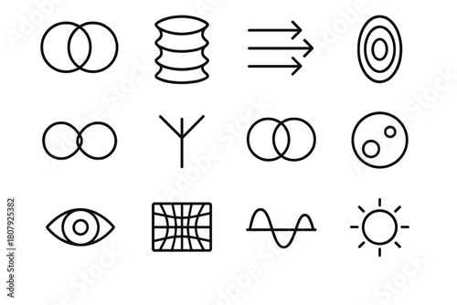 Multiverse Theory Icons. Multiverse theory. Line icon set of multiverse theory: overlapping spheres, dimensional layers, parallel paths, portal, infinity loop,