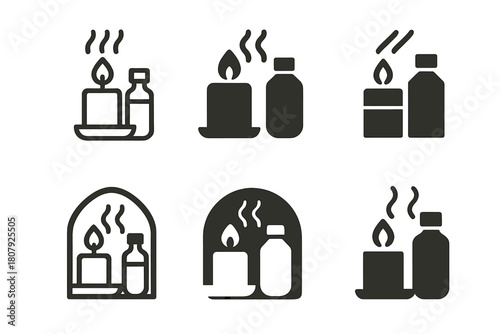 Peaceful Bedroom Logos. A peaceful bedroom with soft, calming colors and scents. Icon set. Set Logo of peaceful bedroom: minimalist nightstand with candle and