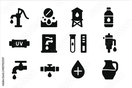 Clean Water Icons. Clean drinking water access. Solid icon set of Clean drinking water access: hand pump, water purification tablet, village water tank,