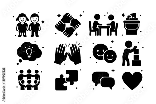 Collaborative Play Icons. Collaborative Play. Solid icons set of Collaborative Play: two children, teamwork hands, shared table, bucket of blocks, idea cloud,