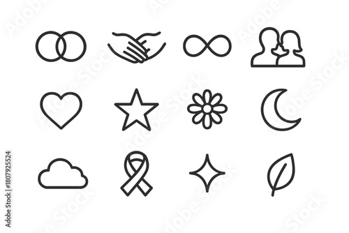 Together Forever Icons. Together Forever. Line icon set of Together Forever: intertwined rings, hands touching, infinity symbol, couple silhouettes, heart,