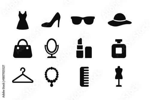 Fashion Icon Grid. Fashion accessories. Line icon set of Fashion accessories: sunglasses, handbag, high heels, hat, scarf, necklace, bracelet, ring, belt,