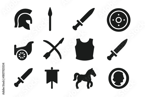 Ancient Warriors Icons. Ancient warriors. Solid icon set of ancient warriors: helmet, spear, sword, round shield, chariot, bow, arrow, armor, dagger, banner,