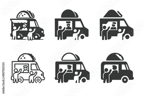 Food Truck Logos. Food truck street parties. Icon set. Set Logo of food truck street parties: barbecue grill beside open truck window. harmonious