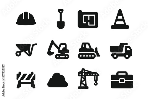 Construction Icon Grid. Construction crew. Solid icon set of construction crew: helmet, shovel, blueprint, cone, wheelbarrow, excavator, bulldozer, truck,