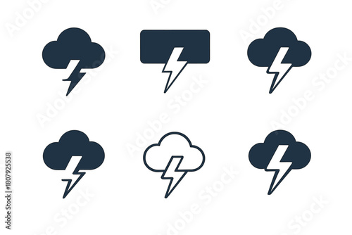 Lightning Bolt Icons. Lightning strike. Icon set. Set Logo of lightning strike: stormy sky with bolt. harmonious logo variations of the same emblematic