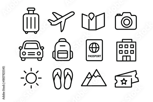Travel Icons Collection. Travel history. Solid icon set of travel history: passport, map, suitcase, temple, globe, compass, column, gate, camera, ship, scroll,
