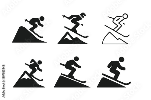 Skiing Logo Variations. Skiing on mountain slopes. Icon set. Set Logo of skiing on mountain slopes: skier descending a steep snowy hill. harmonious logo