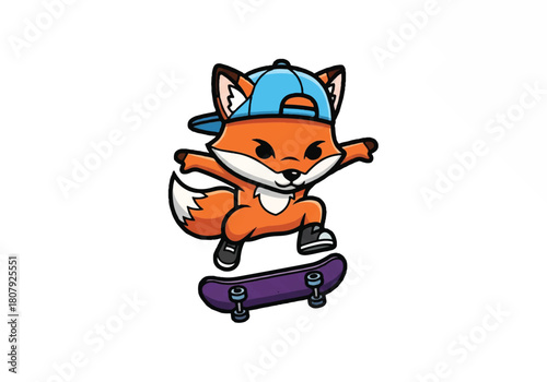 A cartoon orange fox wearing a blue cap performs a skateboard trick on a purple board against a clean white background with a playful mood.