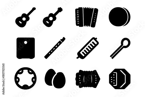 Busking Instruments Icons. Busking Instruments. Solid icon set of Busking Instruments: acoustic guitar, ukulele, accordion, bodhran, cajon, tin whistle,