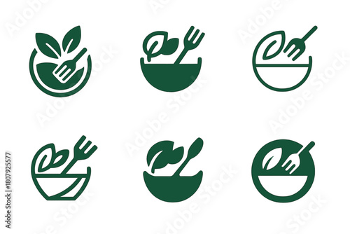 Salad Bowl Logos. Salad bowl. Icon set. Set Logo of salad bowl: abstract emblem of nourishment and wellness. harmonious logo variations of the same emblematic