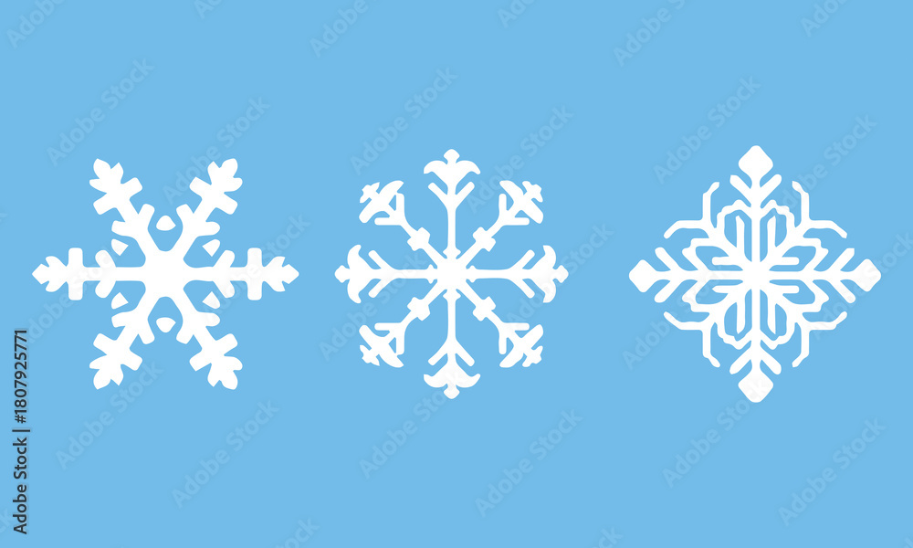 Fototapeta premium Trio of Stylized White Snowflake Icons on a Solid Light Blue Background – A Collection of Diverse Winter Symbols and Geometric Shapes Representing Frost, Ice, Cold Weather, and Holiday Season Decorati