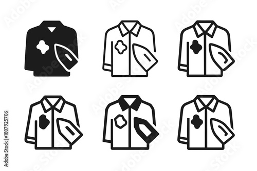 Stained Shirt Icons. Stained Shirt. Icon set. Set Logo of Stained Shirt: Washing machine icon with shirt. harmonious logo variations of the same emblematic