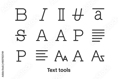 Text Tool Icons. Text tools. Line icon set of Text tools: bold text, italic text, underline, strikethrough, uppercase letter, lowercase letter, paragraph,