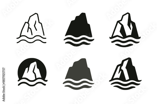 Rocky Shore Logos. Rocky shore. Icon set. Set Logo of rocky shore: coastal cliffside view. harmonious logo variations of the same emblematic concept, each with