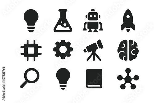 Innovation Icons Grid. Innovation Workshop. Solid icon set of Innovation Workshop: light bulb, idea cloud, notebook, pencil, sticky notes, people