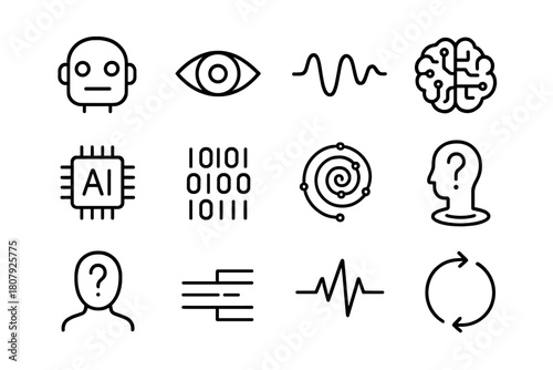 Machine Consciousness Icons. Machine consciousness. Line icon set of machine consciousness: robot face, glowing eye, thought wave, brain circuit, AI chip,
