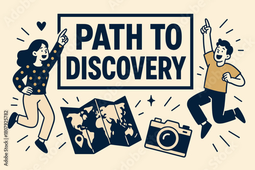 Path to Discovery. Path to discovery banner, flat vector illustration, bold oversized text inside rectangular frame, cartoon characters pointing and jumping,