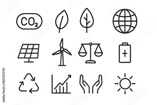Carbon Neutral Icons. Carbon Neutrality. Line icon set of Carbon Neutrality: CO2 symbol, leaf, tree, globe, solar panel, wind turbine, balance scale, battery,