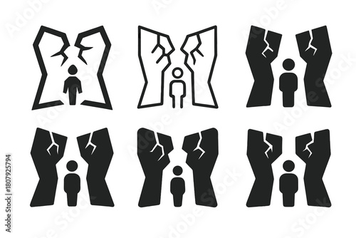 Depression Wall Logos. Wall of depression closing in around a figure. Icon set. Set Logo of wall of depression closing in around a figure: circular barrier of