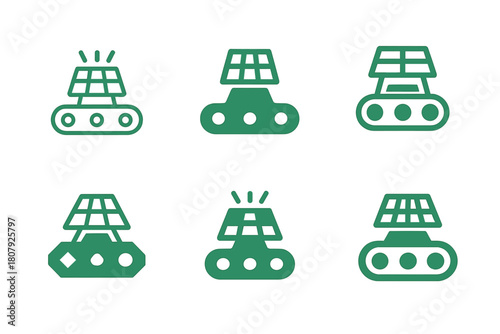 Eco-friendly Mining Logos. Efficient energy use in mining industries. Icon set. Set Logo of efficient energy use in mining industries: conveyor belt with solar