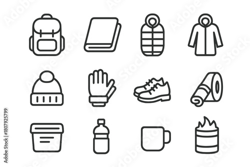 Street Essentials Icons. Street survival kit. Line icon set of street survival kit: backpack, blanket, sleeping bag, coat, hat, gloves, shoes, mat, food box,