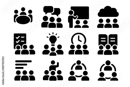 Group Discussion Icons. Group discussions. Solid icon set of Group discussions: round table, multiple people, chat bubbles, whiteboard, brainstorming cloud,