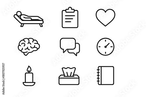 Therapy Icon Set. Therapy sessions. Line icon set of therapy sessions: person on couch, therapist chair, clipboard, heart, brain, speech bubble, clock, book,