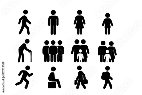 Everyday People Icons. Everyday People. Solid icon set of Everyday People: person walking, man, woman, child, elderly person, group of people, couple, family,