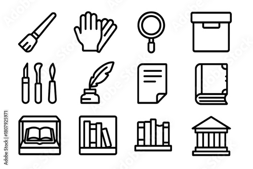 Book Restoration Icons. Book repair tools. Line icon set of Book repair tools: paintbrush, gloves, magnifying glass, archival box, restoration tools, feather