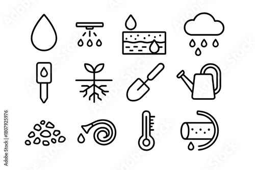 Soil Moisture Icons. Soil moisture management. Line icon set of Soil moisture management: water droplet, irrigation system, soil profile, rain cloud, moisture