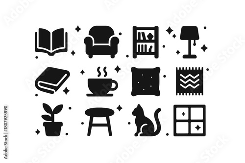 Cozy Nook Icons. Cozy nook setup. Line icon set of cozy nook setup: armchair, floor lamp, rug, cushion, blanket, small table, potted plant, hanging planter,