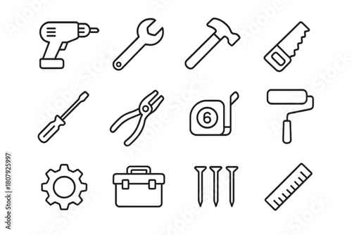 Minimalist Tool Icons. Construction Tools. Line icon set of Construction Tools: drill, wrench, hammer, saw, screwdriver, pliers, measuring tape, paint roller,