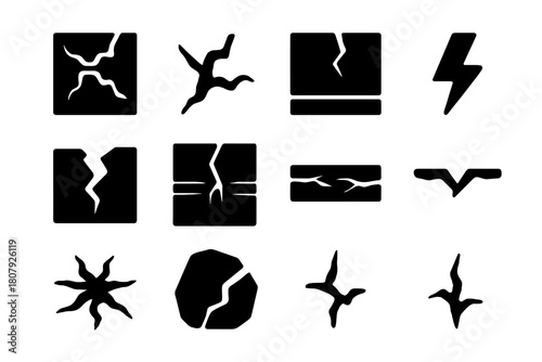 Surface Fracture Icons. Surface fracture. Solid icon set of Surface fracture: crack in glass, fracture, broken wall, fissure, lightning bolt, chasm, split
