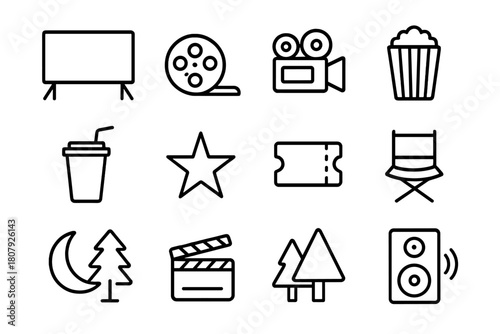 Film Festival Icons. Film Festival Outdoors. Line icon set of Film Festival Outdoors: screen, film reel, camera, popcorn, soda, star, ticket, chair, moon,