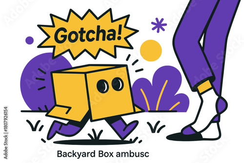 Backyard Cardboard Surprise. Backyard Box Ambush. A cardboard box with eyeholes shuffles across the grass; the seeker?s socked feet freeze mid-step. ?Gotcha!?