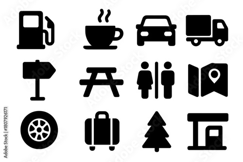 Highway Rest Stop Icons. Highway rest stop scene. Icon set. Set Logo of Highway rest stop scene: highway view with parked RV. harmonious logo variations of the