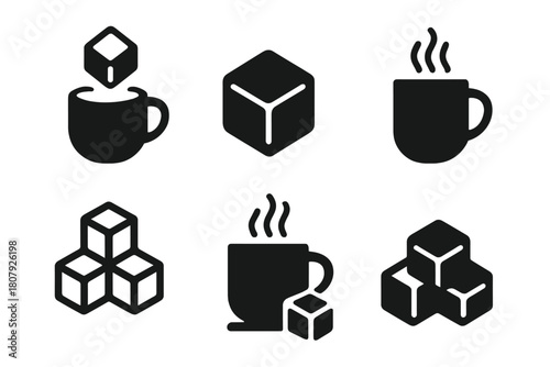 Sugar Cube Icons. Preparing a warm drink. Icon set. Set Logo of Sugar Cube: Sweetener for drink. Symmetrical form, Stylized detail, Negative space, Minimal