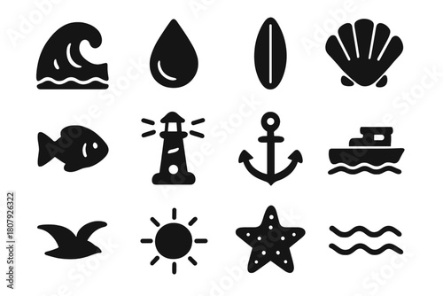 Oceanic Icon Collection. Ocean waves. Solid icon set of ocean waves: wave, water drop, surfboard, shell, fish, lighthouse, anchor, boat, seagull,