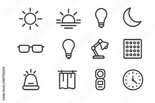 Circadian Health Icons. Light and circadian health. Line icon set of light and circadian health: sun, sunrise, sunset, moon, blue light glasses, light bulb,