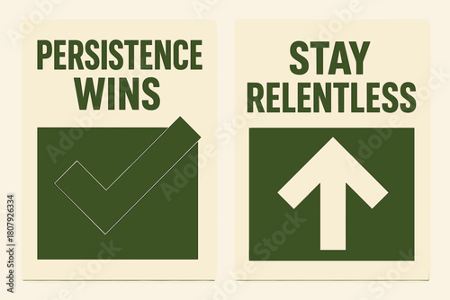 Persistence Banners. Persistence wins. Two vertical A6 banners with safe margins, centered composition, no elements touching edges, geometric, olive green and