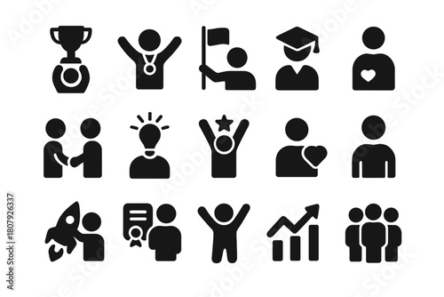 Milestone Achievement Icons. People experiencing personal milestones or achievements. Solid icon set of people experiencing personal milestones or