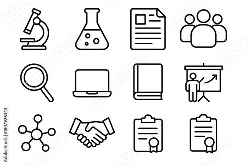 Collaborative Research Icons. Collaborative research. Line icon set of Collaborative research: microscope, laboratory flask, research paper, group of people,