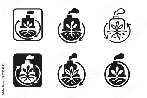 Climate-Agriculture Logo Set. Agriculture and climate change. Icon set. Set Logo of agriculture and climate change: biochar kiln and soil carbon