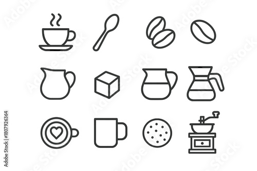 Coffee Icon Collection. Coffee design concepts. Line icon set of coffee design concepts: coffee bean, cup, steam, leaf, grinder, sack, aroma swirl, label tag,