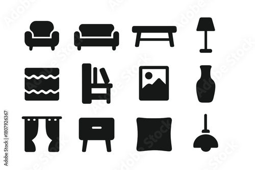 Minimalist Decor Icons. Minimalist Decor. Solid icon set of Minimalist Decor: armchair, sofa, coffee table, floor lamp, rug, bookshelf, wall art, vase,