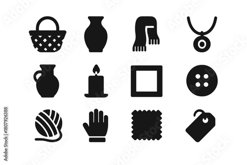 Black Handmade Crafts Icons. Handmade crafts. Solid icon set of handmade crafts: basket, vase, scarf, jewelry, pottery, candle, frame, button, yarn, glove,