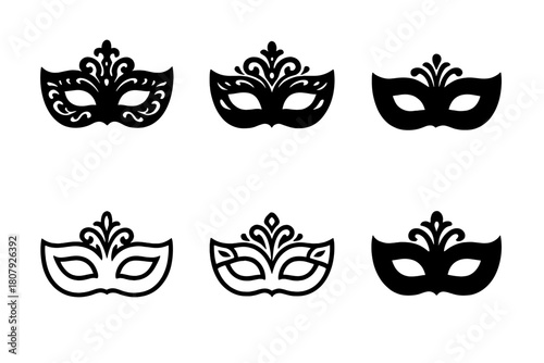 Masquerade Mask Icons. Masquerade mask. Icon set. Set Logo of Masquerade mask: Full-face ornate mask. harmonious logo variations of the same emblematic