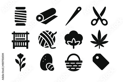 Textile Icons Grid. Textile materials. Solid icon set of textile materials: thread spool, fabric roll, needle, scissors, loom, yarn ball, cotton plant, hemp